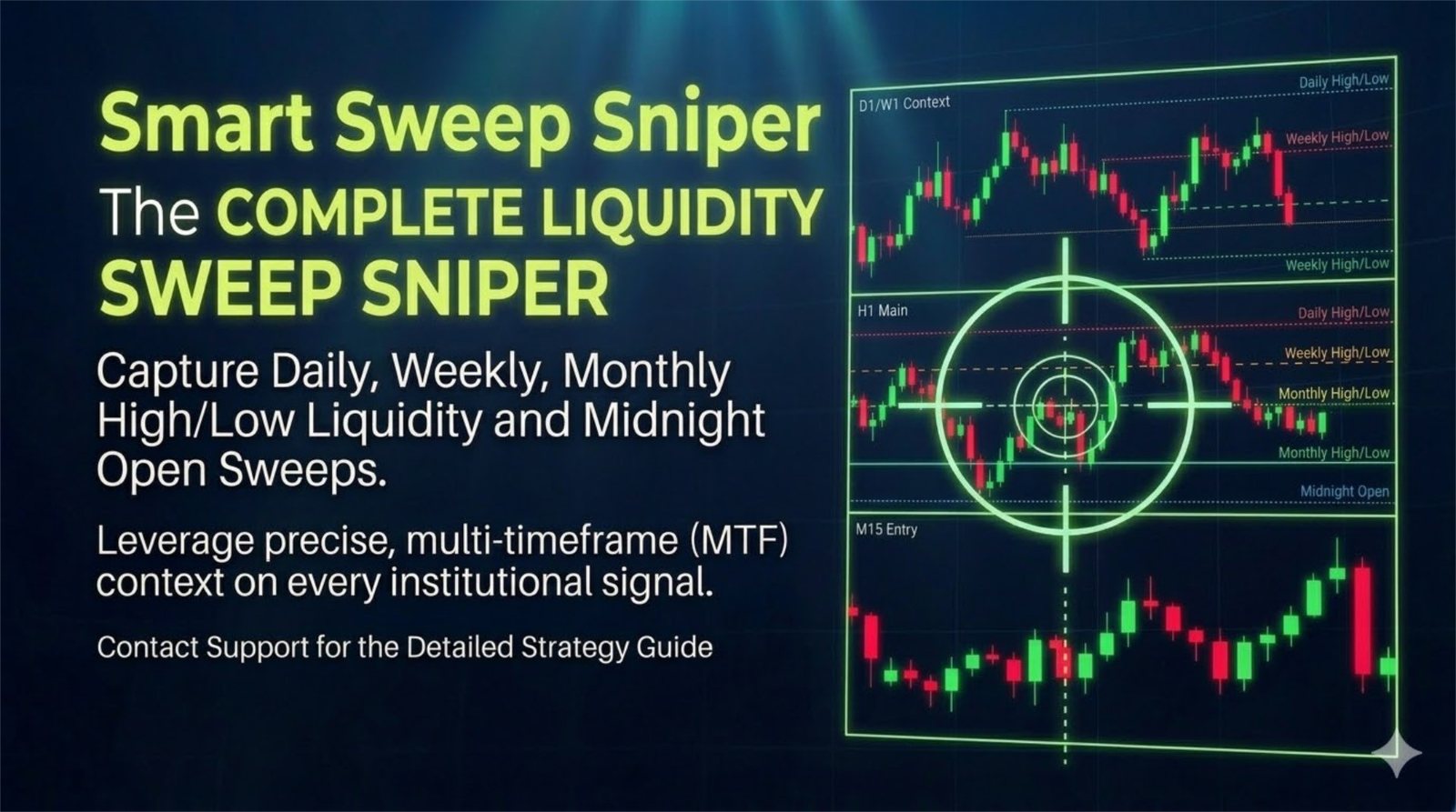 Smart Sweep Sniper — indicateur de liquidity sweep multi-timeframe pour MetaTrader 4 et 5 : contexte D1/W1, principal H1, entrée M15.