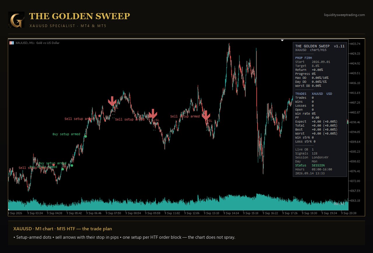The Golden Sweep sur MetaTrader 5 — XAUUSD M1 avec points « setup armé », flèches de vente et leurs lignes de stop en pips, un setup par order block de timeframe supérieur