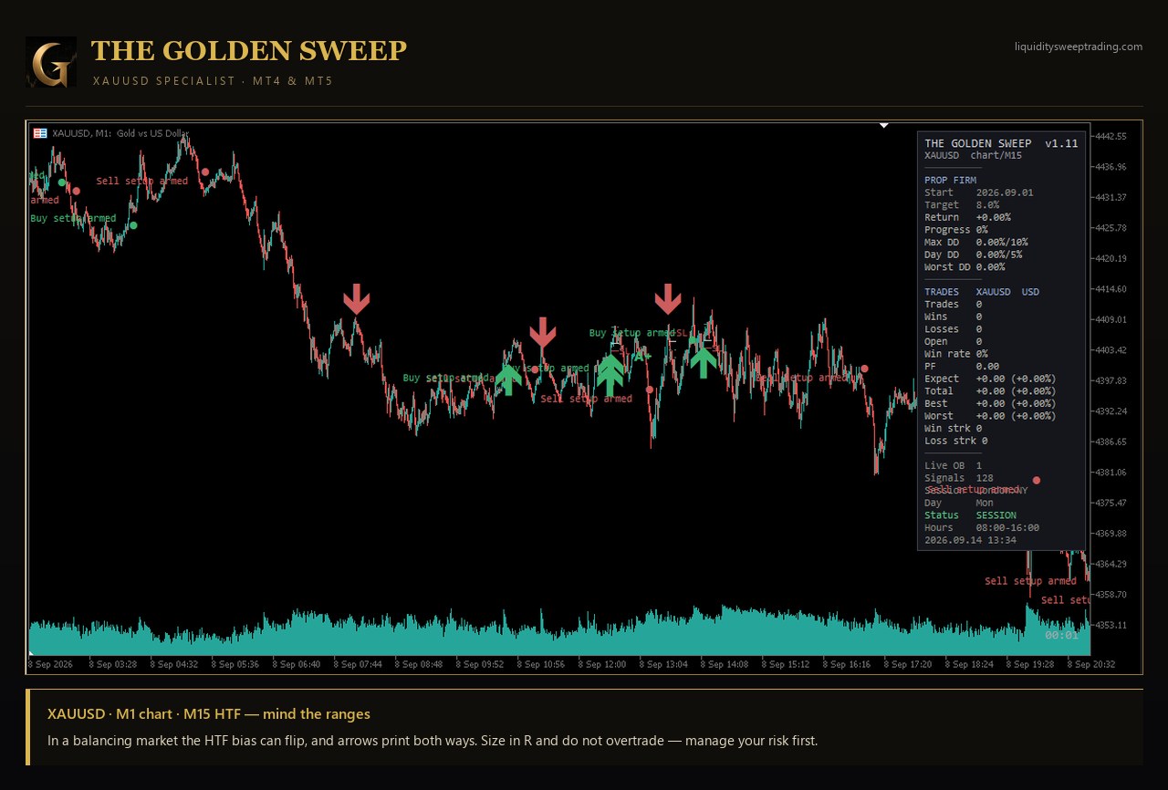 The Golden Sweep sur MetaTrader 5 — XAUUSD M1 en range avec flèches d'achat et de vente des deux côtés, un rappel de gérer le risque et de ne pas surtrader