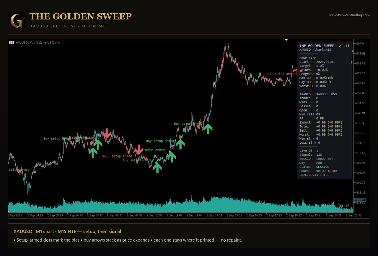 The Golden Sweep sur MetaTrader 5 — XAUUSD M1 avec des points « setup armé » puis des flèches d'achat empilées quand le prix s'étend, sans repaint