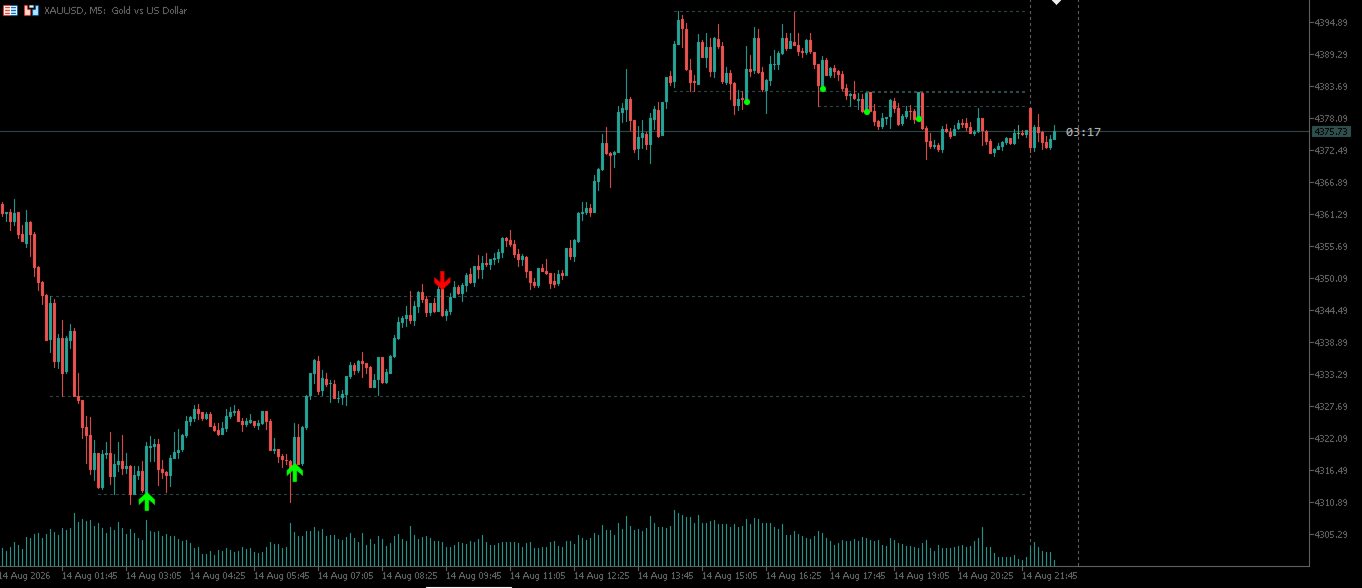 The Notorious OB en MetaTrader — XAUUSD M5 con flechas de señal y niveles automáticos.