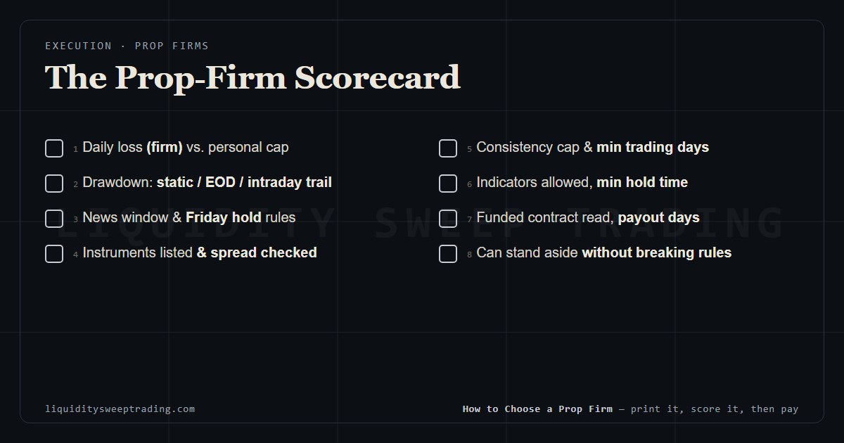 A printable one-page scorecard: eight checks to run on a prop firm contract before paying for an evaluation.